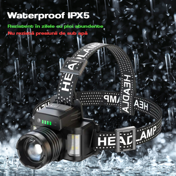 Lanterna puternica de cap FiGGA® LED 30W, 18000 lumeni, 500 metri distanta, 5000K, acumulator reincarcabil 6000 mAh, Profesionala, Frontala, Cablu de incarcare [12]
