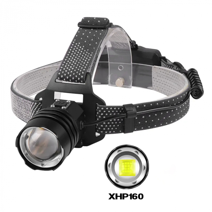 Lanterna puternica de cap FiGGA® LED XHP-160.2, 48000 lumeni, 1600 metri distanta, 5000K, 2 baterii reincarcabile de 18650 Li/3500 mAh, Profesionala, Frontala, Cablu de incarcare [3]