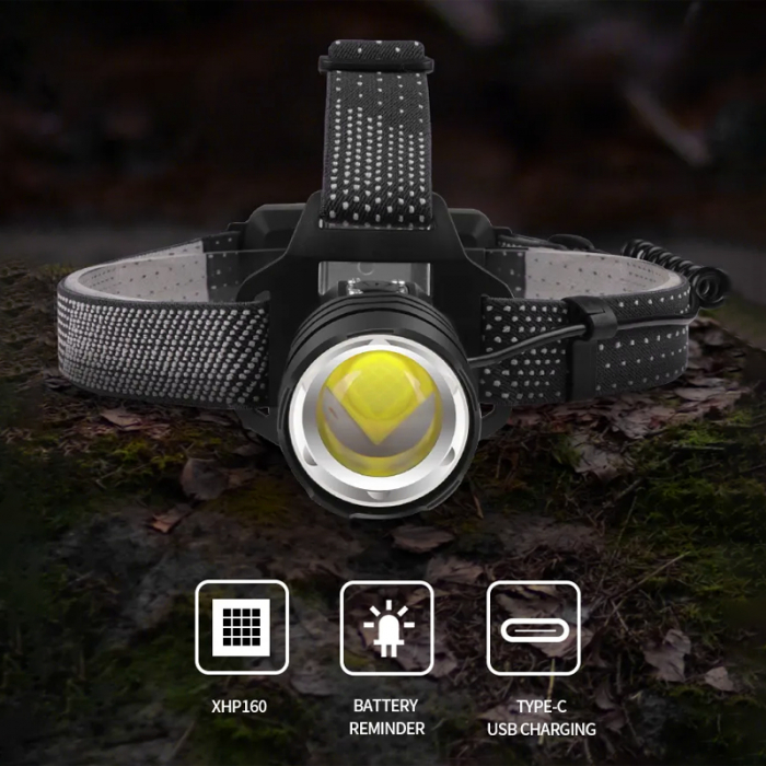 Lanterna puternica de cap FiGGA® LED XHP-160.2, 48000 lumeni, 1600 metri distanta, 5000K, 2 baterii reincarcabile de 18650 Li/3500 mAh, Profesionala, Frontala, Cablu de incarcare [5]