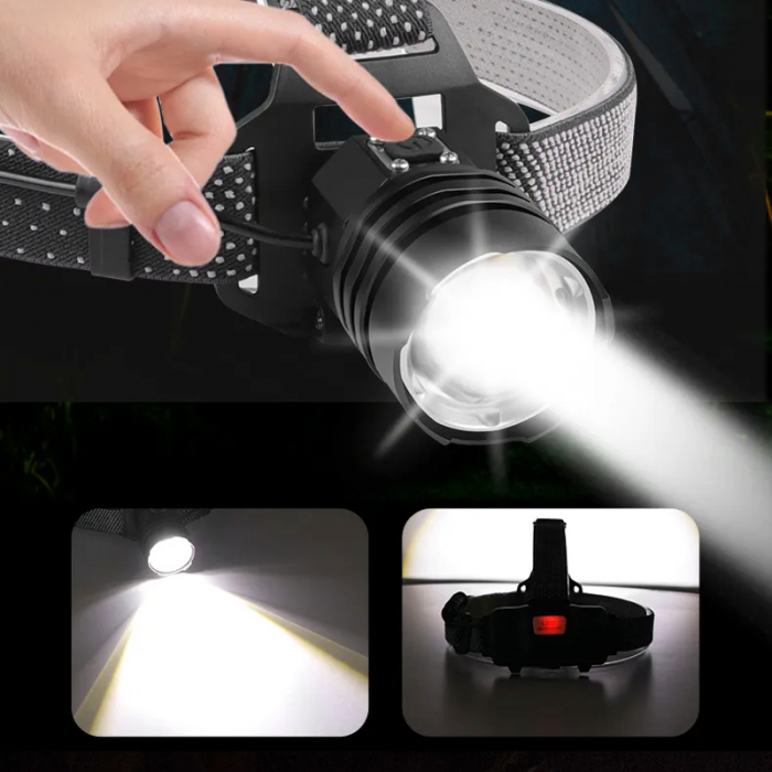 Lanterna puternica de cap FiGGA® LED XHP-160.2, 48000 lumeni, 1600 metri distanta, 5000K, 2 baterii reincarcabile de 18650 Li/3500 mAh, Profesionala, Frontala, Cablu de incarcare [6]
