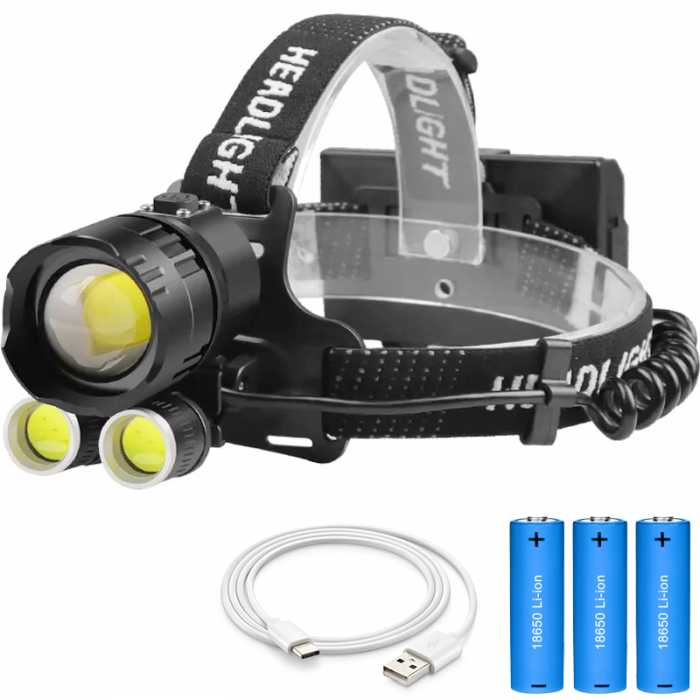 Lanterna puternica de cap FiGGA® LED XHP-160, 48000 lumeni, 1600 metri distanta, 5000K, 3 baterii reincarcabile de 18650 Li/3500 mAh, Profesionala, Frontala, Cablu de incarcare [1]