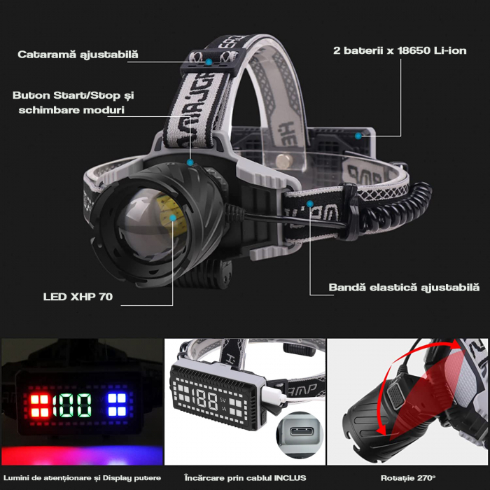 Potente torcia frontale FiGGA® LED XHP-70, 21000 lumen, 700 metri di distanza, 5000K, 2 batterie ricaricabili 18650 Li/3500 mAh, professionale, frontale, cavo di ricarica [7]