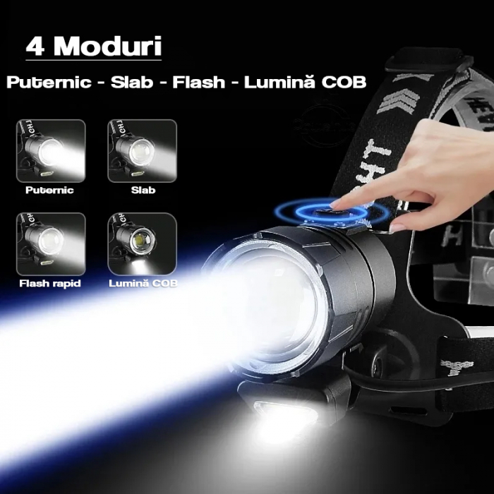 Lanterna puternica de cap FiGGA® LED XHP-90, 27000 lumeni, 900 metri distanta, 5000K, 3 baterii reincarcabile de 18650 Li/3500 mAh, Profesionala, Frontala, Cablu de incarcare [8]