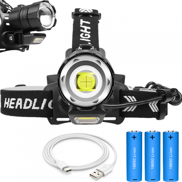Lanterna puternica de cap FiGGA® LED XHP-90, 27000 lumeni, 900 metri distanta, 5000K, 3 baterii reincarcabile de 18650 Li/3500 mAh, Profesionala, Frontala, Cablu de incarcare [3]