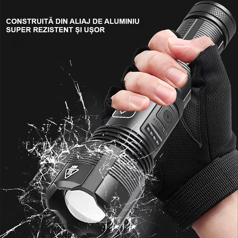 Lanterna puternica profesionala FiGGA®, LED XHP-50, 15000 lumeni, acumulator 18650 Li, structura aliaj aluminiu, Cablu de incarcare [9]