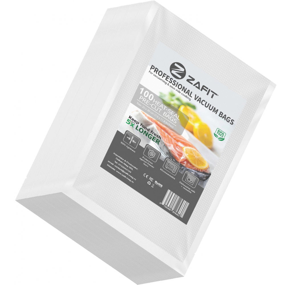 ZAFIT™ vákuum tasakok, hullámosítottak, élelmiszervákuum géphez, 100 darab, 20 x 30 cm, újrahasználható, tartós, sous vide, mosogatógépben mosható, BPA-mentes, átlátszó. [1]