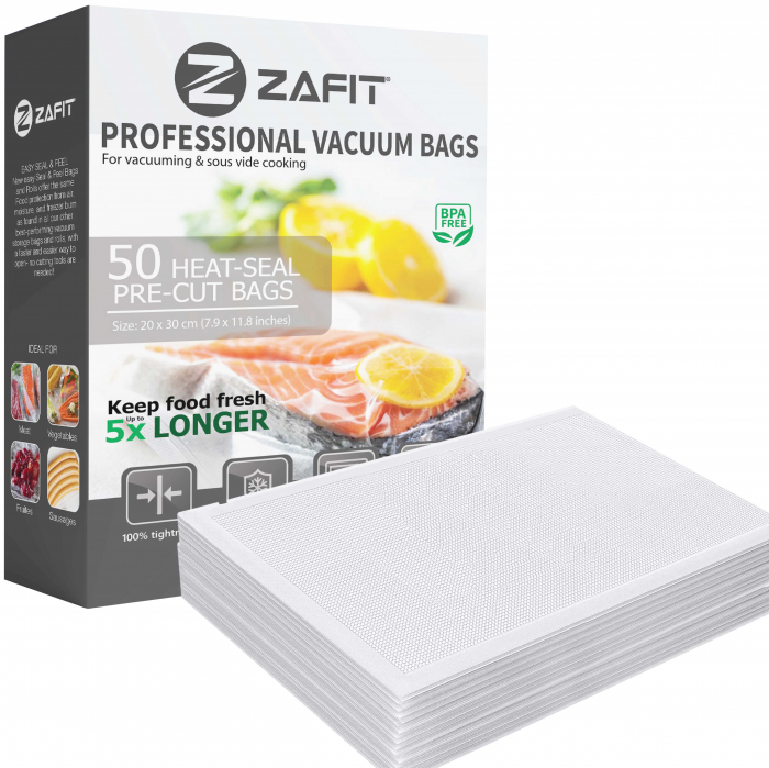 Sacchetti per sottovuoto goffrati ZAFIT™, per macchina sottovuoto alimentare, 50 pezzi, 20 x 30 cm, riutilizzabili, resistenti, sous vide, lavabili in lavastoviglie, senza BPA, trasparenti [1]