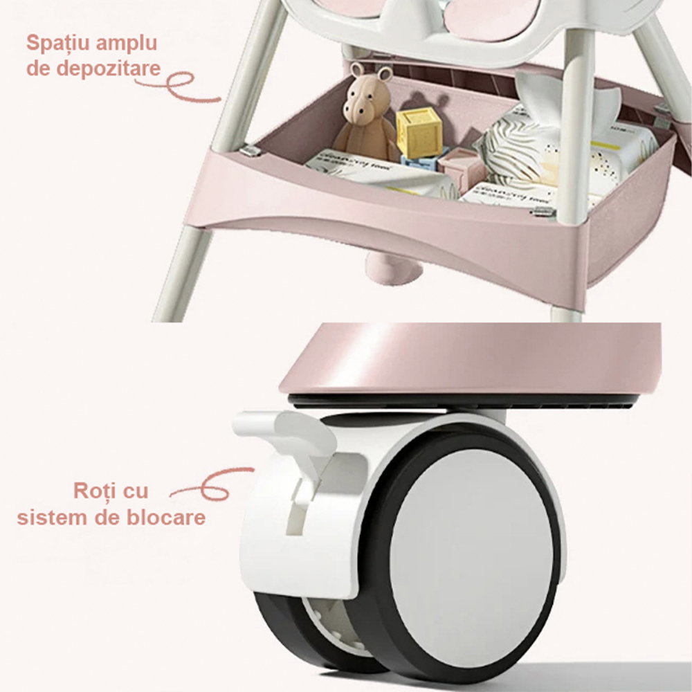 Бебешки стол за хранене 4 в 1 FiGGA®, възраст 6–72 месеца, сгъваем висок стол с 4 колела, люлка, 2 подвижни тави, 5-точков предпазен колан, розов [5]