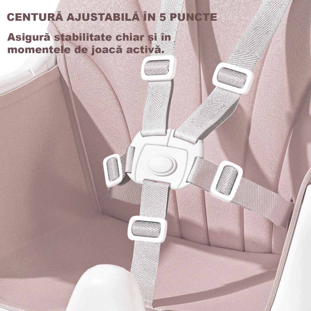 Бебешки стол за хранене 4 в 1 FiGGA®, възраст 6–72 месеца, сгъваем висок стол с 4 колела, люлка, 2 подвижни тави, 5-точков предпазен колан, розов [7]