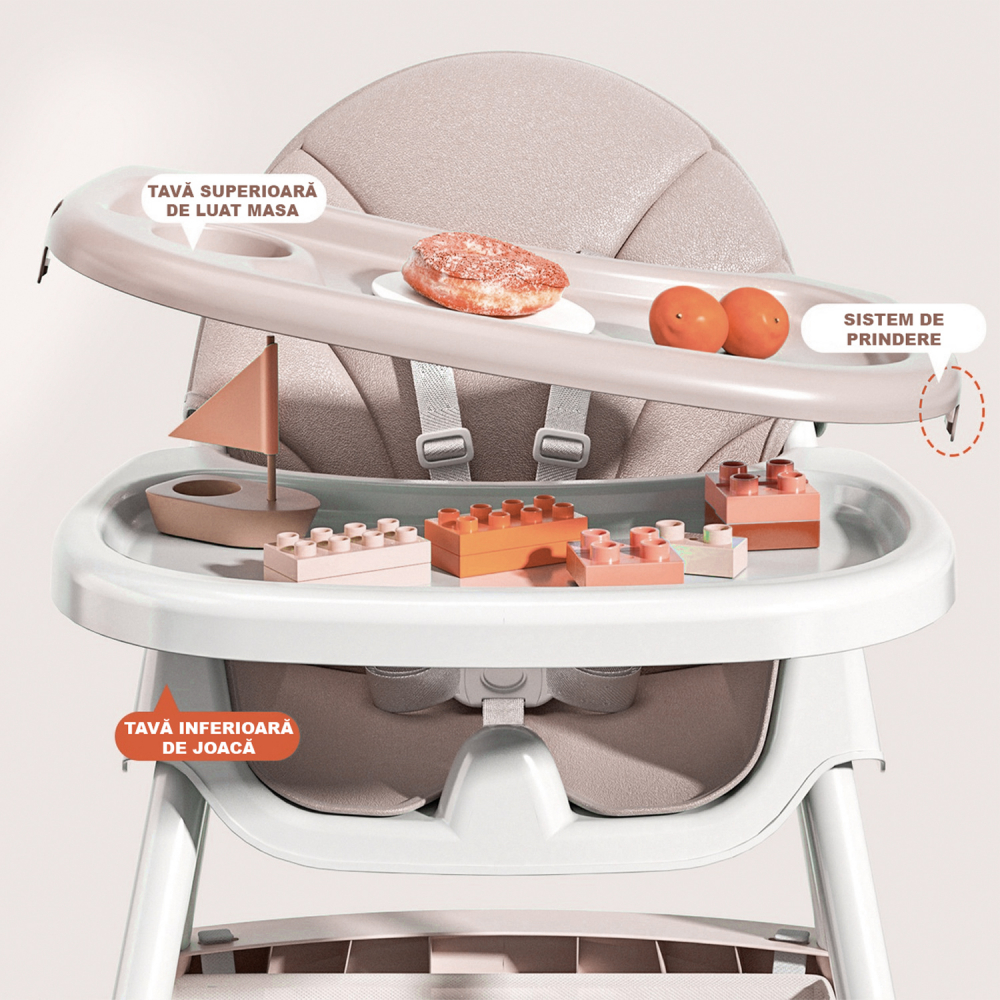 Бебешки стол за хранене 4 в 1 FiGGA®, възраст 6–72 месеца, сгъваем висок стол с 4 колела, люлка, 2 подвижни тави, 5-точков предпазен колан, розов [6]