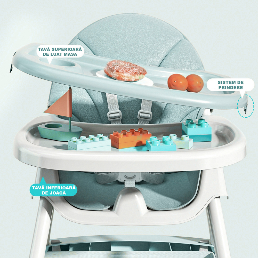 FiGGA® 4 az 1-ben etetőszék babáknak, 6–72 hónapos korig, összecsukható magas szék 4 kerékkel, hintaszék, 2 levehető tálca, ötpontos biztonsági öv, zöld [6]