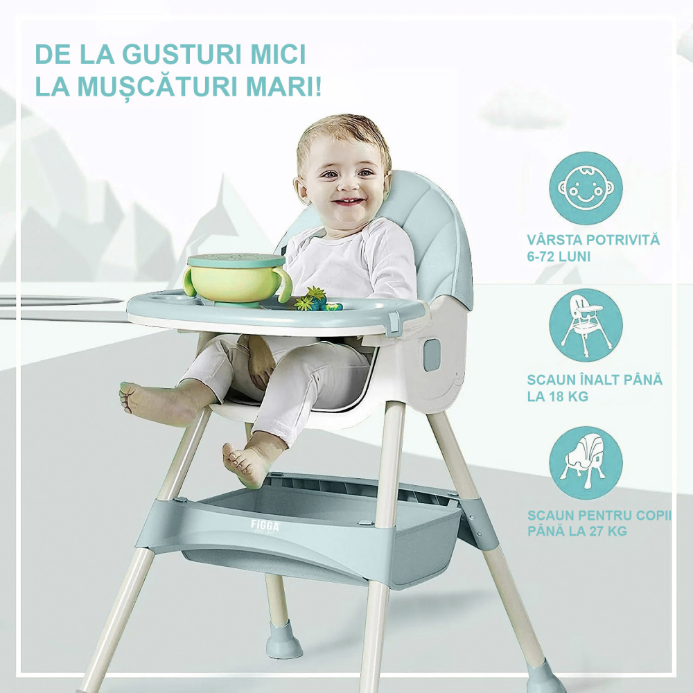 FiGGA® 4 az 1-ben etetőszék babáknak, 6–72 hónapos korig, összecsukható magas szék 4 kerékkel, hintaszék, 2 levehető tálca, ötpontos biztonsági öv, zöld [2]