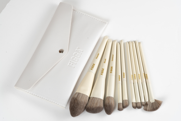 Set 10 pensule machiaj FiGGA®, Profesionale, manere din lemn si aluminiu, gentuta depozitare, Alb crem [3]