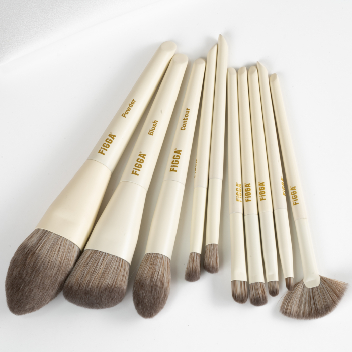 Set 10 pensule machiaj FiGGA®, Profesionale, manere din lemn si aluminiu, gentuta depozitare, Alb crem [1]