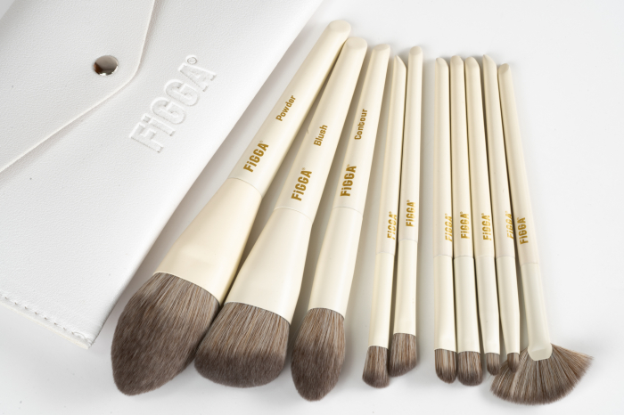 Set 10 pensule machiaj FiGGA®, Profesionale, manere din lemn si aluminiu, gentuta depozitare, Alb crem [4]