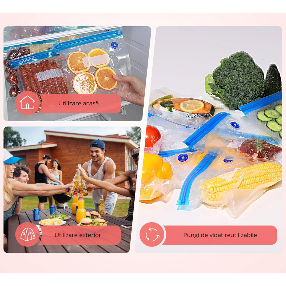 Set 10 Pungi de vidat 22 x 21 cm, Reutilizabile, cu supapa, pentru pompa de vidat sau furtun de vidat [2]