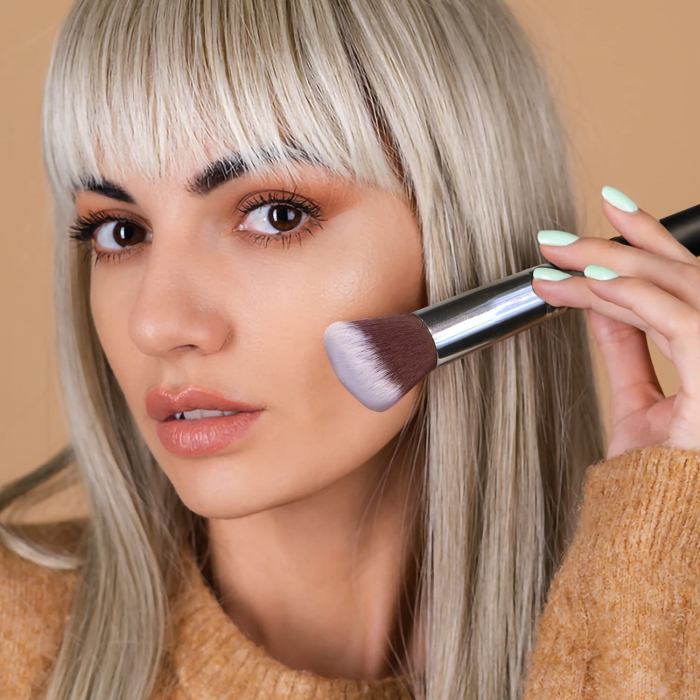 Set 14 pensule machiaj FiGGA®, Profesionale, manere din lemn si aluminiu, gentuta depozitare, Negru-Argintiu [4]