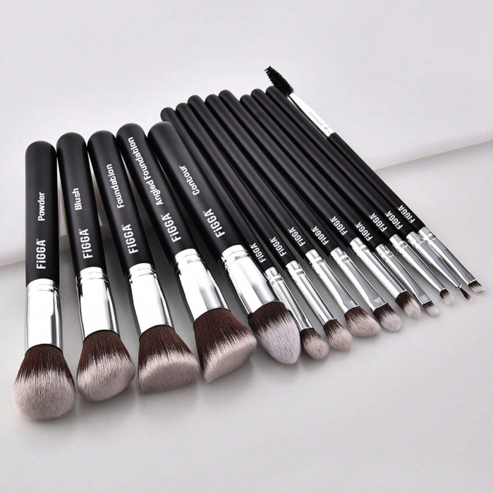 Set 14 pensule machiaj FiGGA®, Profesionale, manere din lemn si aluminiu, gentuta depozitare, Negru-Argintiu [2]