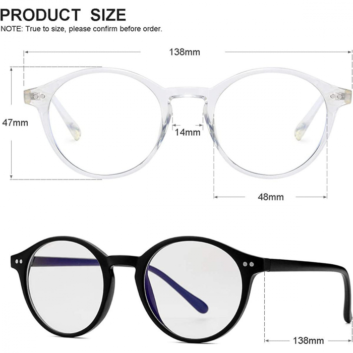 Set 2 x Occhiali protettivi per computer ZAFIT™, per schermo di telefono, tablet, laptop, televisore, gaming, Anti luce blu, Anti riflesso, Unisex, modello rotondo, colore Nero e Trasparente [2]