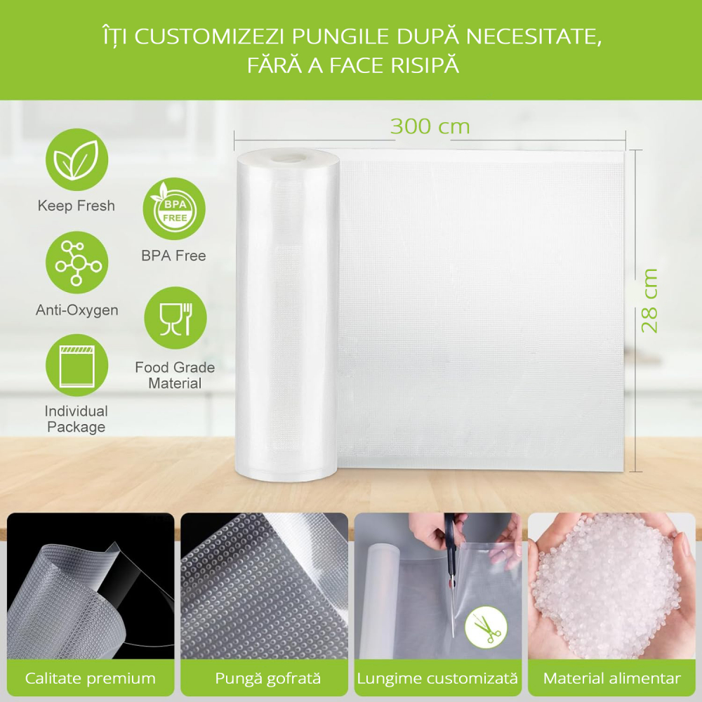 Set 3 role pungi de vidat gofrate ZAFIT™, 28 x 300 cm, pentru aparat de vidat alimente, reutilizabile, rezistente, sous vide, lavabile in masina de spalat, fara BPA, transparent [2]