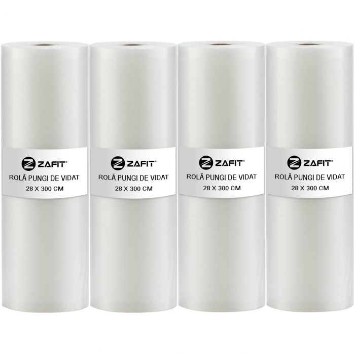 Set 4 role pungi de vidat gofrate ZAFIT™, 28 x 300 cm, pentru aparat de vidat alimente, reutilizabile, rezistente, sous vide, lavabile in masina de spalat, fara BPA, transparent [1]