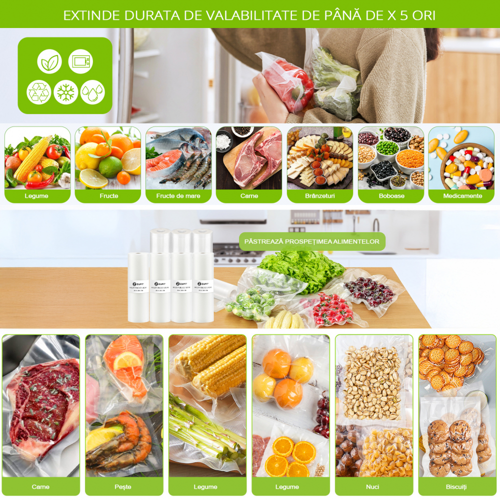 Set 6 role pungi de vidat gofrate ZAFIT™, 28 x 300 cm, pentru aparat de vidat alimente, reutilizabile, rezistente, sous vide, lavabile in masina de spalat, fara BPA, transparent [7]
