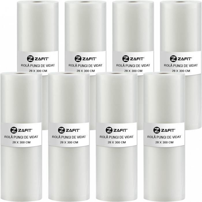 Set 8 role pungi de vidat gofrate ZAFIT™, 28 x 300 cm, pentru aparat de vidat alimente, reutilizabile, rezistente, sous vide, lavabile in masina de spalat, fara BPA, transparent [1]