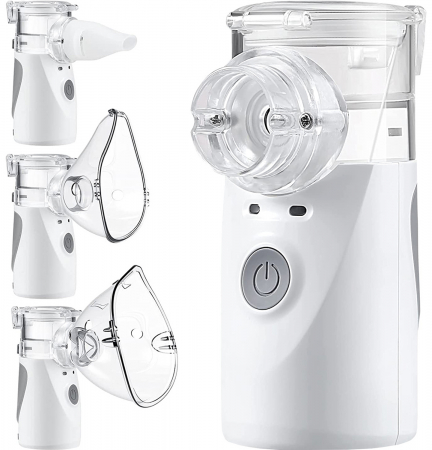 Apparecchio per aerosol - Apparecchio aerosol FIGGA® NEB-01, nebulizzatore per bambini e adulti, portatile, tecnologia Mesh, 2 livelli di potenza, silenzioso, alimentazione a batterie o rete con cavo da 2 m, colore bianco/grig