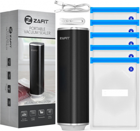 Macchine per il sottovuoto - Macchina per sottovuoto alimentare ZAFIT™ PMP-01 in alluminio, 15 sacchetti per sottovuoto inclusi, portatile, tipo pompa, ricaricabile, batteria 800 mAh, potenza 5W, portata 2,5 l/min, cavo di ricari