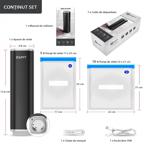 Aparat de vidat alimente ZAFIT™ PMP-01 aluminiu, 15 pungi de vidat incluse, Portabil, Tip pompa, Reincarcabil, Acumulator 800 mAh, Putere 5W, Debit 2.5l/min, cablu incarcare inclus, Negru [1]