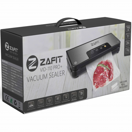 ZAFIT™ VID-110 PRO+ élelmiszervákuumozó készülék, 30 cm-es hegesztőszalaggal, 300 cm x 28 cm-es tekercsel, palackok és dobozok vákuumcsövével, fekete/inox [8]