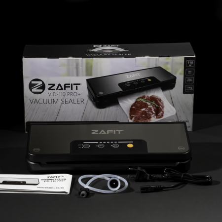 ZAFIT™ VID-110 PRO+ élelmiszervákuumozó készülék, 30 cm-es hegesztőszalaggal, 300 cm x 28 cm-es tekercsel, palackok és dobozok vákuumcsövével, fekete/inox [7]