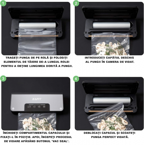 ZAFIT™ VID-110 PRO+ élelmiszervákuumozó készülék, 30 cm-es hegesztőszalaggal, 300 cm x 28 cm-es tekercsel, palackok és dobozok vákuumcsövével, fekete/inox [3]
