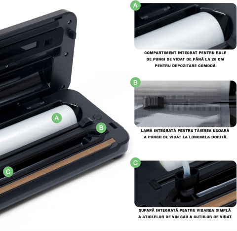 ZAFIT™ VID-110 PRO+ élelmiszervákuumozó készülék, 30 cm-es hegesztőszalaggal, 300 cm x 28 cm-es tekercsel, palackok és dobozok vákuumcsövével, fekete/inox [2]