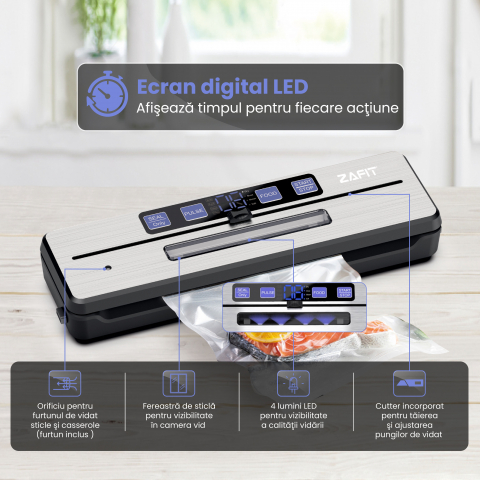 Aparat de vidat alimente ZAFIT™ VID-360 PRO+, Furtun vidare sticle si caserole, 30 cm bara de lipire, 5 pungi incluse, Negru/Inox [1]