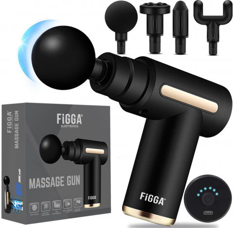 Dispositivi per massaggi - Massaggiatore Professionale FiGGA®, tipo pistola, batteria 2800mAh, 1800-3200 rpm, 4 teste, per collo, schiena, mani, gambe, anticellulite, motore silenzioso, colore nero.