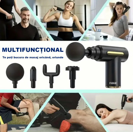 Massaggiatore Professionale FiGGA®, tipo pistola, batteria 2800mAh, 1800-3200 rpm, 4 teste, per collo, schiena, mani, gambe, anticellulite, motore silenzioso, colore nero. [4]