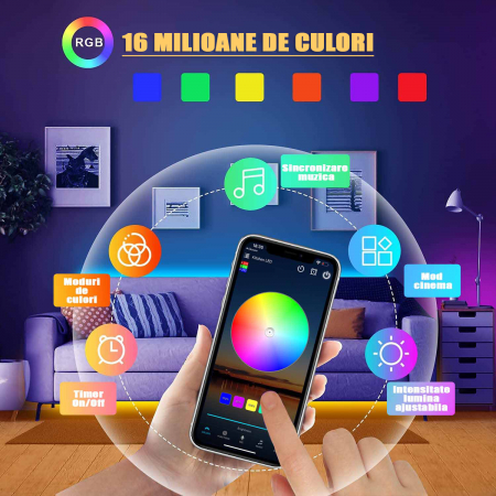 Banda LED ZAFIT™ 10 metri, Bluetooth, aplicatie telefon, telecomanda, mod muzica, timer, microfon, intensitate lumina reglabila, Interior, IP20, 5050 RGB, autoadeziva [2]