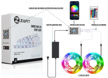 Striscia LED ZAFIT™ 10 metri, per interni IP20, 5050 RGB, Wi-Fi, app per smartphone, telecomando, modalità musica, timer, microfono, luminosità regolabile [9]