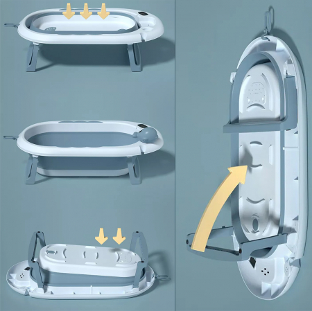 Vasca da bagno per bambini con supporto FiGGA®, 0–48 mesi, pieghevole, con termometro, piedini antiscivolo, tazza per risciacquo tipo giocattolo, supporto per soffione doccia, portasapone, blu [6]