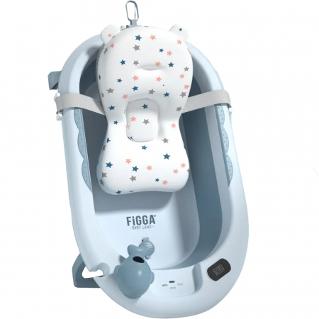 Vaschette per bebé - Vasca da bagno per bambini con supporto FiGGA®, 0–48 mesi, pieghevole, con termometro, piedini antiscivolo, tazza per risciacquo tipo giocattolo, supporto per soffione doccia, portasapone, blu