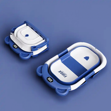 Cadita bebe cu suport FiGGA®, 0-48 luni, portabila, extra pliabila, termometru, picioare antiderapante, suport cap de dus, Albastru [5]