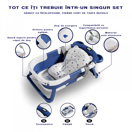 Cadita bebe cu suport FiGGA®, 0-48 luni, portabila, extra pliabila, termometru, picioare antiderapante, suport cap de dus, Albastru [2]