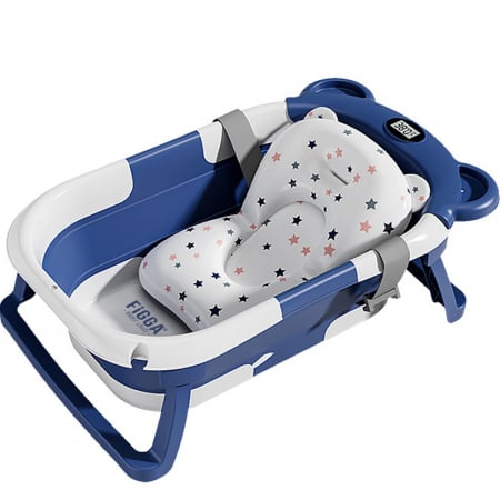 Cadite bebe - Cadita bebe cu suport FiGGA®, 0-48 luni, portabila, extra pliabila, termometru, picioare antiderapante, suport cap de dus, Albastru