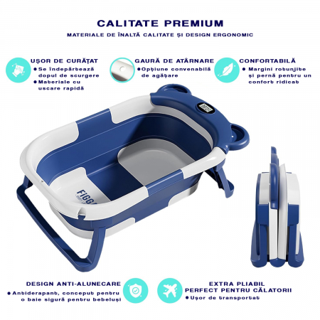 Cadita bebe cu suport FiGGA®, 0-48 luni, portabila, extra pliabila, termometru, picioare antiderapante, suport cap de dus, Albastru [3]