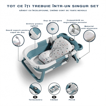 Cadita bebe cu suport FiGGA®, 0-48 luni, portabila, extra pliabila, termometru, picioare antiderapante, suport cap de dus, Verde [2]