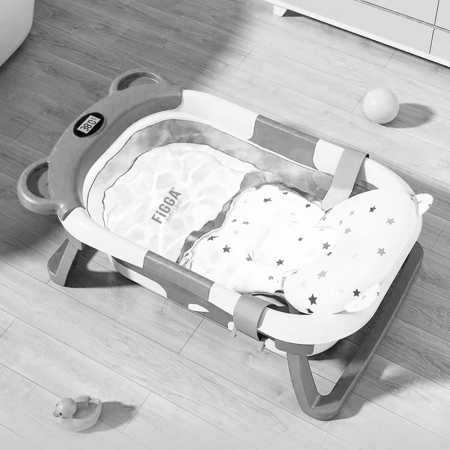 Cadita bebe cu suport FiGGA®, 0-48 luni, portabila, extra pliabila, termometru, picioare antiderapante, suport cap de dus, Gri [8]