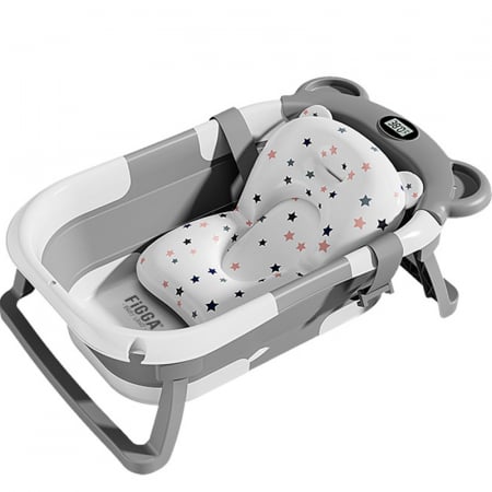 Cadite bebe - Cadita bebe cu suport FiGGA®, 0-48 luni, portabila, extra pliabila, termometru, picioare antiderapante, suport cap de dus, Gri