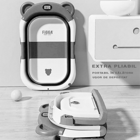 Cadita bebe cu suport FiGGA®, 0-48 luni, portabila, extra pliabila, termometru, picioare antiderapante, suport cap de dus, Gri [1]