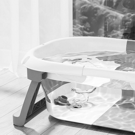 Cadita bebe cu suport FiGGA®, 0-48 luni, portabila, extra pliabila, termometru, picioare antiderapante, suport cap de dus, Gri [4]